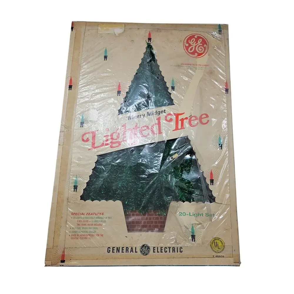 Vintage 60s GE Lighted Tree Green Tinsel Mid Century Kitsch With Box Christmas